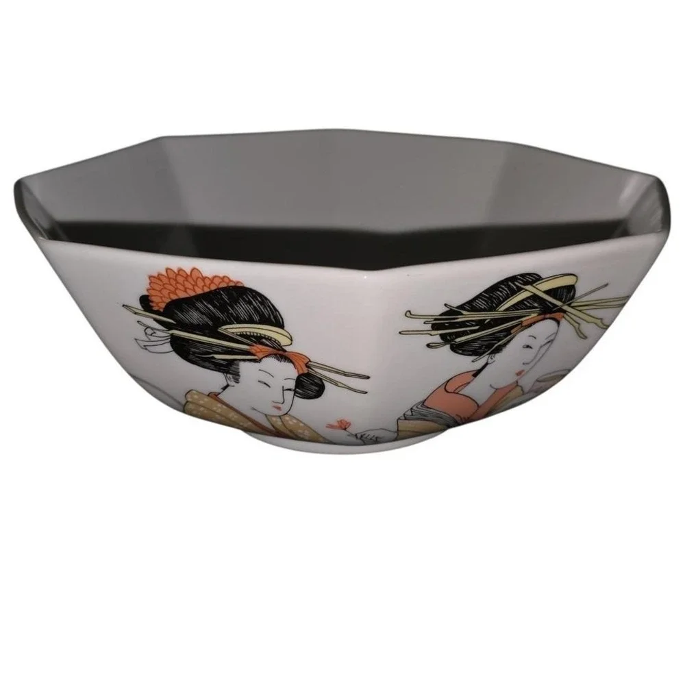 Fitz and‎ Floyd Octagonal Bowl Asian Geisha Motif MCMLXXVI
